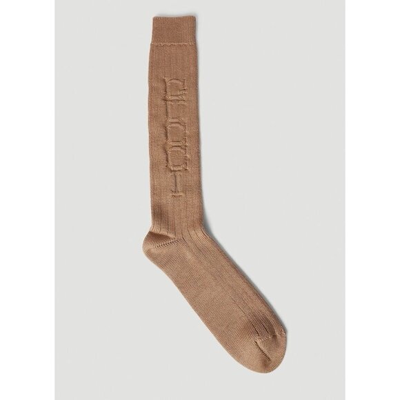 NWT GUCCI BEIGE SOCKS LOGO SZ L 100% Authentic Debossed